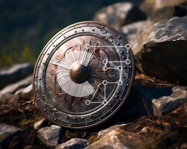 Intra Συλλεκτικό Ξύλινο Παζλ Plywood  4mm - Μεταλλική ασπίδα σε βράχους - Έννοια αντικειμένου και προστασίας Σε Ξύλινο Κουτί - Διαστάσεις: 10x10 cm – 25 κομμάτια