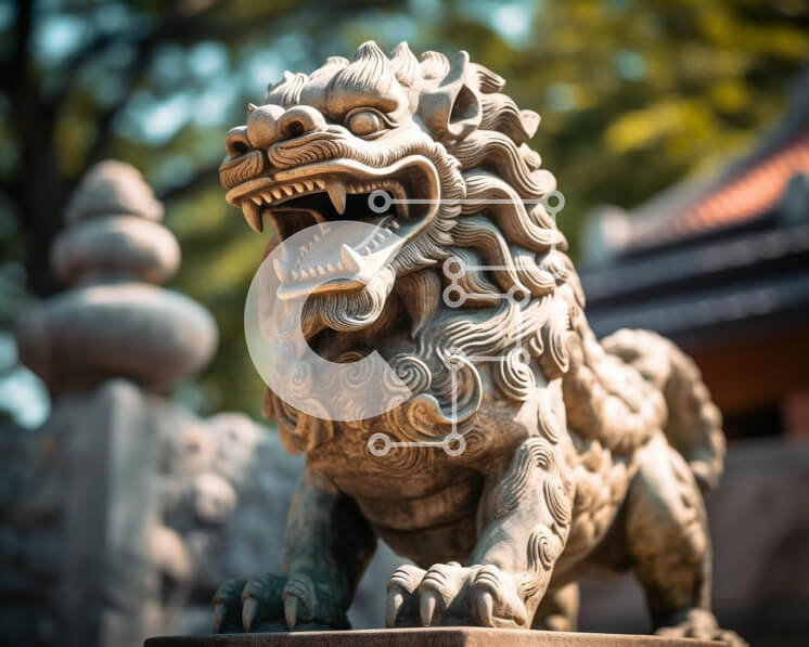 Intra Συλλεκτικό Ξύλινο Παζλ Plywood  4mm - Πέτρινο άγαλμα λιονταριού σε κήπο ή πάρκο με ασιατικό θέμα Σε Ξύλινο Κουτί - Διαστάσεις: 10x10 cm – 25 κομμάτια