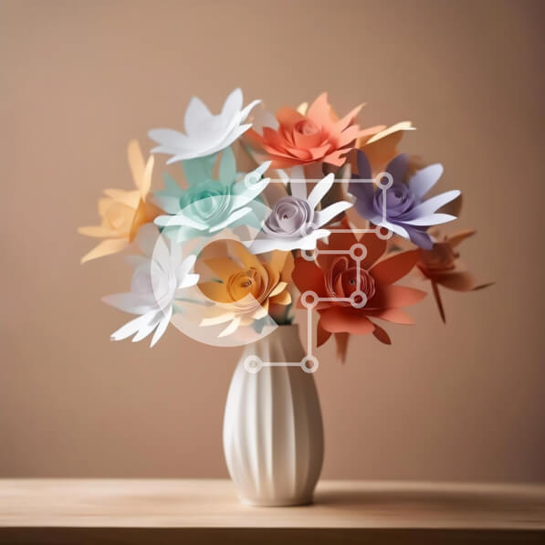 Intra Συλλεκτικό Ξύλινο Παζλ Plywood  4mm - Χειροποίητα πολύχρωμα χάρτινα λουλούδια σε λευκό βάζο στο τραπέζι Σε Ξύλινο Κουτί - Διαστάσεις Puzzle: 10x10 cm – 25 κομμάτια