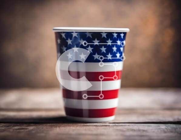 Intra Συλλεκτικό Ξύλινο Παζλ Plywood  4mm - Κόκκινο, λευκό και μπλε χάρτινο κύπελλο αμερικανικής σημαίας σε τραπέζι με στυλ Country Σε Ξύλινο Κουτί - Διαστάσεις: 10x10 cm – 25 κομμάτια