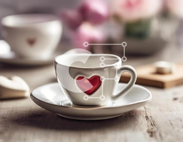 Intra Συλλεκτικό Ξύλινο Παζλ Plywood  4mm - Λευκά φλιτζάνια καφέ και πιατάκια σε σχήμα καρδιάς σε ξύλινο τραπέζι Σε Ξύλινο Κουτί - Διαστάσεις: 10x10 cm – 25 κομμάτια