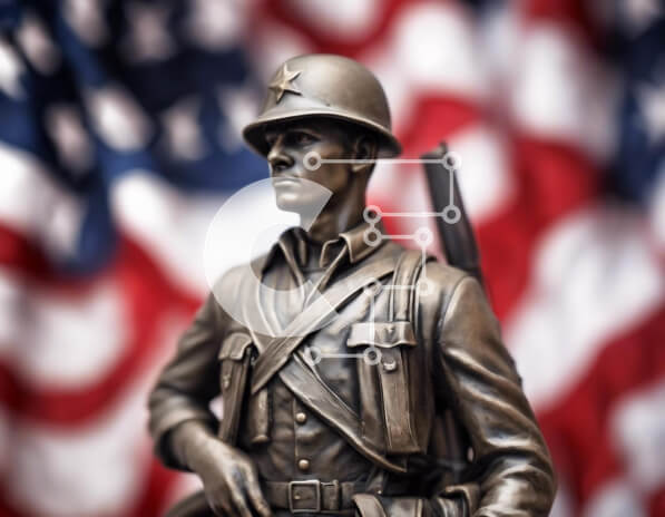 Intra Συλλεκτικό Ξύλινο Παζλ Plywood  4mm - Χάλκινο άγαλμα του Αμερικανού στρατιώτη με την αμερικανική σημαία Σε Ξύλινο Κουτί - Διαστάσεις Puzzle: 10x10 cm – 25 κομμάτια