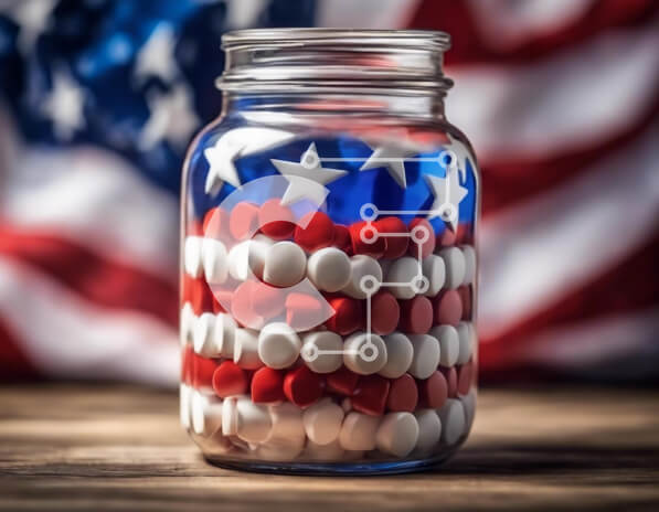 Intra Συλλεκτικό Ξύλινο Παζλ Plywood  4mm - Αμερικανική σημαία από χάπια σε βάζο Mason Σε Ξύλινο Κουτί - Διαστάσεις Puzzle: 10x10 cm – 25 κομμάτια