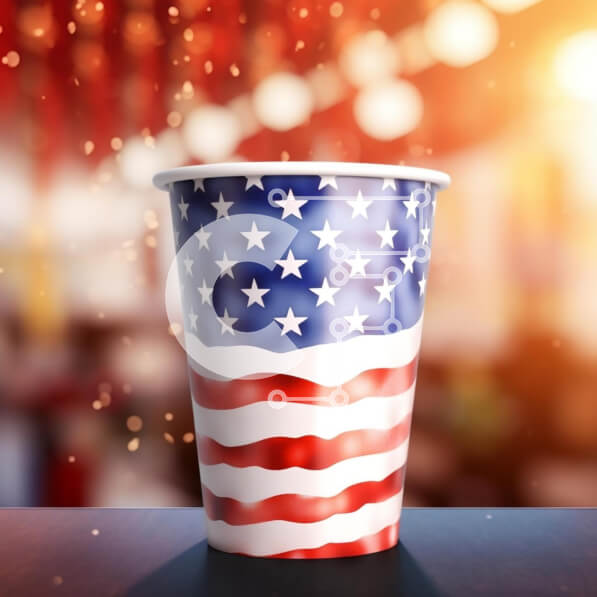 Intra Συλλεκτικό Ξύλινο Παζλ Plywood  4mm - Χάρτινο κύπελλο με θέμα την αμερικανική σημαία σε τραπέζι με θολό φόντο Σε Ξύλινο Κουτί - Διαστάσεις: 10x10 cm – 25 κομμάτια