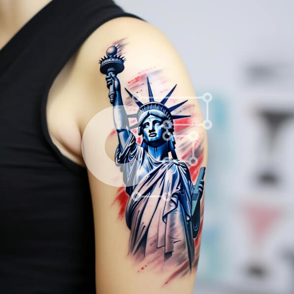 Intra Συλλεκτικό Ξύλινο Παζλ Plywood  4mm - Γυναίκα με τατουάζ πατριωτικό άγαλμα της ελευθερίας Σε Ξύλινο Κουτί - Διαστάσεις Puzzle: 10x10 cm – 25 κομμάτια