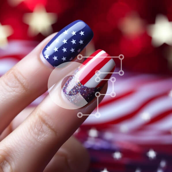 Σετ των 2 Intra Συλλεκτικό Ξύλινο Παζλ Plywood  4mm - Μανικιούρ με θέμα την αμερικανική σημαία με γκλίτερ και αστέρια Σε Ξύλινο Κουτί - Διαστάσεις: 10x10 cm – 25 κομμάτια