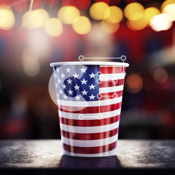 Intra Συλλεκτικό Ξύλινο Παζλ Plywood  4mm - Χάρτινο κύπελλο αμερικανικής σημαίας σε φωτισμένο τραπέζι Σε Ξύλινο Κουτί - Διαστάσεις: 10x10 cm – 25 κομμάτια