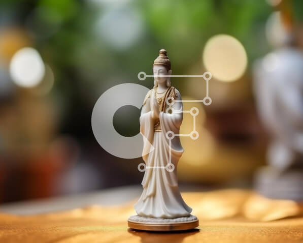 Intra Συλλεκτικό Ξύλινο Παζλ Plywood  4mm - Λευκό άγαλμα του Βούδα σε πορτοκαλί τραπεζομάντιλο Σε Ξύλινο Κουτί - Διαστάσεις Puzzle: 10x10 cm – 25 κομμάτια