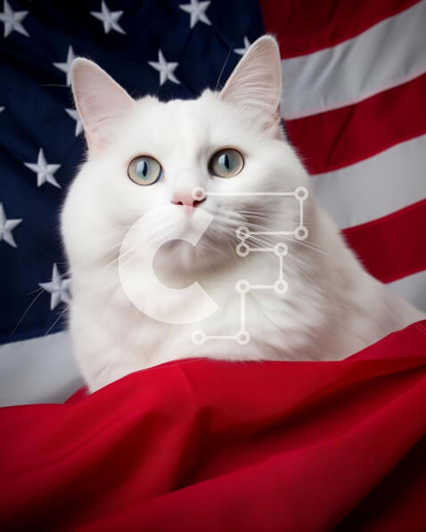 Σετ των 2 Intra Συλλεκτικό Ξύλινο Παζλ Plywood  4mm - Περίεργη λευκή γάτα στην αμερικανική σημαία Σε Ξύλινο Κουτί - Διαστάσεις: 10x10 cm – 25 κομμάτια