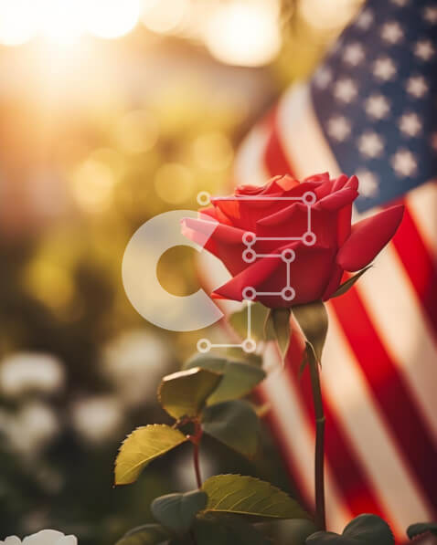 Intra Συλλεκτικό Ξύλινο Παζλ Plywood  4mm - Εορτασμός τέταρτης Ιουλίου με κόκκινο τριαντάφυλλο και αμερικανική σημαία Σε Ξύλινο Κουτί - Διαστάσεις: 10x10 cm – 25 κομμάτια