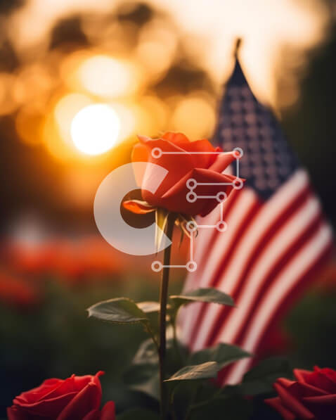 Intra Συλλεκτικό Ξύλινο Παζλ Plywood  4mm - Κόκκινο τριαντάφυλλο και αμερικανική σημαία για τον εορτασμό της 4ης Ιουλίου Σε Ξύλινο Κουτί - Διαστάσεις: 10x10 cm – 25 κομμάτια