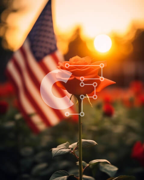 Intra Συλλεκτικό Ξύλινο Παζλ Plywood  4mm - Πατριωτικό κόκκινο τριαντάφυλλο στο πεδίο αμερικανικής σημαίας στο ηλιοβασίλεμα Σε Ξύλινο Κουτί - Διαστάσεις: 10x10 cm – 25 κομμάτια