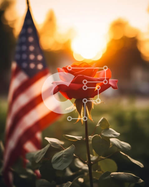 Intra Συλλεκτικό Ξύλινο Παζλ Plywood  4mm - Μονό κόκκινο τριαντάφυλλο με αμερικανική σημαία στο φόντο Σε Ξύλινο Κουτί - Διαστάσεις: 10x10 cm – 25 κομμάτια