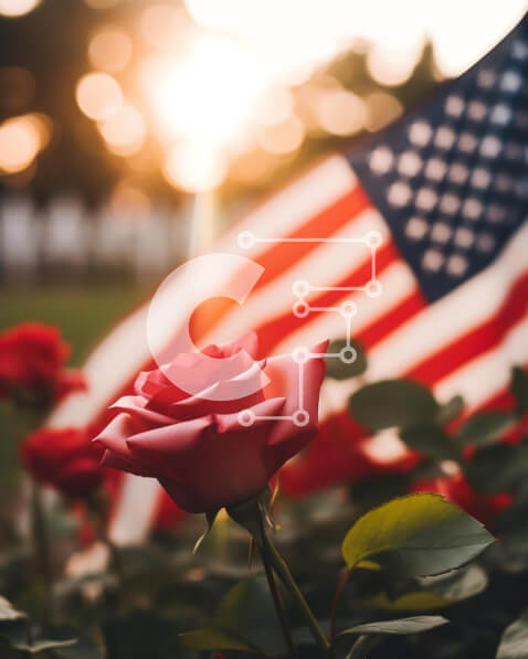 Intra Συλλεκτικό Ξύλινο Παζλ Plywood  4mm - Αμερικανική σημαία και κόκκινο τριαντάφυλλο στις 4 Ιουλίου Σε Ξύλινο Κουτί - Διαστάσεις: 10x10 cm – 25 κομμάτια