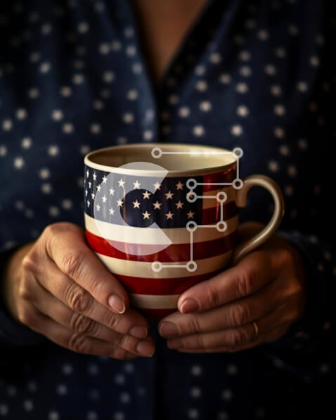 Intra Συλλεκτικό Ξύλινο Παζλ Plywood  4mm - Γυναίκα που κρατά κούπα καφέ με θέμα την αμερικανική σημαία Σε Ξύλινο Κουτί - Διαστάσεις Puzzle: 10x10 cm – 25 κομμάτια