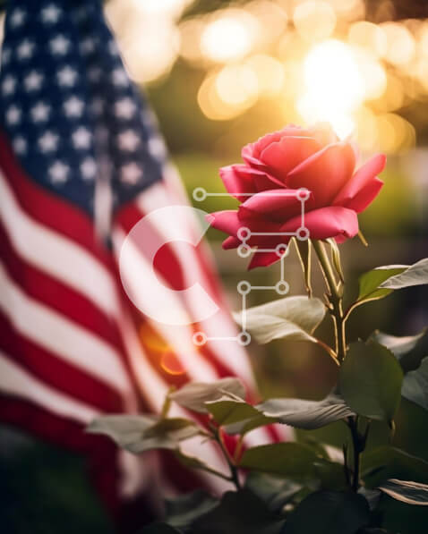 Intra Συλλεκτικό Ξύλινο Παζλ Plywood  4mm - Κόκκινο τριαντάφυλλο μπροστά από την αμερικανική σημαία για την ημέρα της ανεξαρτησίας Σε Ξύλινο Κουτί - Διαστάσεις: 10x10 cm – 25 κομμάτια