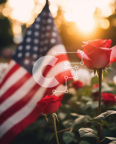 Intra Συλλεκτικό Ξύλινο Παζλ Plywood  4mm - Κόκκινο τριαντάφυλλο και αμερικανική σημαία με το ηλιοβασίλεμα Σε Ξύλινο Κουτί - Διαστάσεις Puzzle: 10x10 cm – 25 κομμάτια