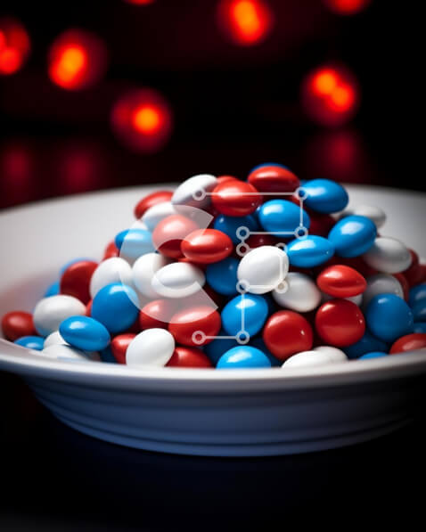 Intra Συλλεκτικό Ξύλινο Παζλ Plywood  4mm - Κόκκινα, λευκά και μπλε μπαστούνια καραμελών σε λευκό μπολ Σε Ξύλινο Κουτί - Διαστάσεις: 10x10 cm – 25 κομμάτια