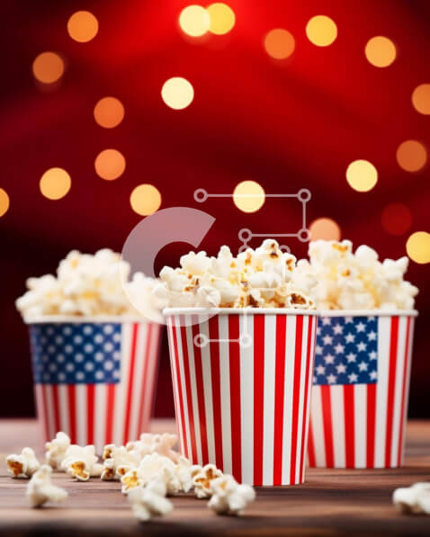 Intra Συλλεκτικό Ξύλινο Παζλ Plywood  4mm - Κύπελλα ποπ κορν αμερικανικής σημαίας σε ξύλινο τραπέζι με φώτα Σε Ξύλινο Κουτί - Διαστάσεις: 10x10 cm – 25 κομμάτια