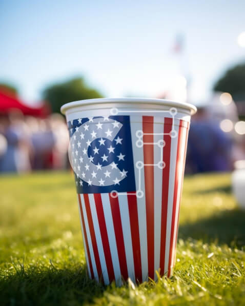 Intra Συλλεκτικό Ξύλινο Παζλ Plywood  4mm - Κόκκινο, λευκό και μπλε χάρτινο κύπελλο αμερικανικής σημαίας στο γρασίδι Σε Ξύλινο Κουτί - Διαστάσεις: 10x10 cm – 25 κομμάτια