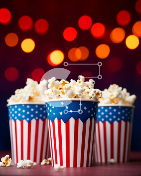 Intra Συλλεκτικό Ξύλινο Παζλ Plywood  4mm - Κύπελλα ποπ κορν αμερικανικής σημαίας σε ξύλινο τραπέζι με πολύχρωμα φώτα Σε Ξύλινο Κουτί - Διαστάσεις: 10x10 cm – 25 κομμάτια