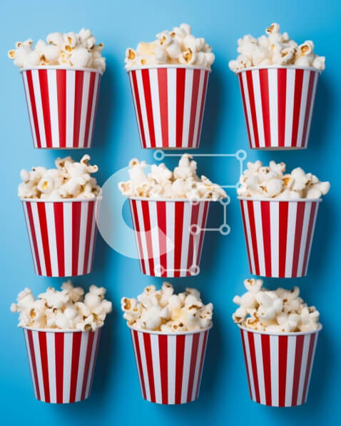 Σετ των 2 Intra Συλλεκτικό Ξύλινο Παζλ Plywood  4mm - Κόκκινα και λευκά ριγέ χάρτινα ποτήρια γεμάτα με ποπ κορν σε μπλε φόντο Σε Ξύλινο Κουτί - Διαστάσεις: 10x10 cm – 25 κομμάτια