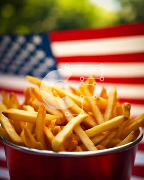 Σετ των 2 Intra Συλλεκτικό Ξύλινο Παζλ Plywood  4mm - Κόκκινος κουβάς με τηγανιτές πατάτες με φόντο την αμερικανική σημαία Σε Ξύλινο Κουτί - Διαστάσεις: 10x10 cm – 25 κομμάτια