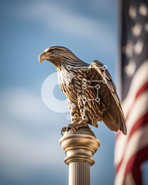 Intra Συλλεκτικό Ξύλινο Παζλ Plywood  4mm - Άγαλμα αμερικανικού αετού με σημαία στο φόντο Σε Ξύλινο Κουτί - Διαστάσεις Puzzle: 10x10 cm – 25 κομμάτια