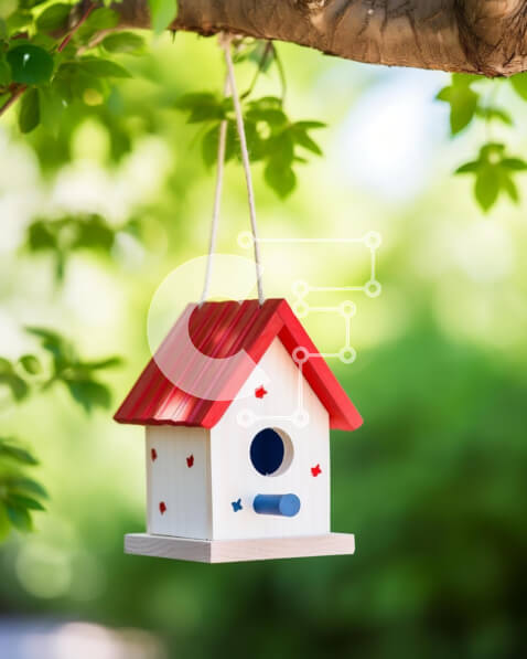 Intra Συλλεκτικό Ξύλινο Παζλ Plywood  4mm - Πολύχρωμο Birdhouse που κρέμεται από κλαδιά δέντρων Σε Ξύλινο Κουτί - Διαστάσεις: 10x10 cm – 25 κομμάτια