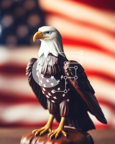 Intra Συλλεκτικό Ξύλινο Παζλ Plywood  4mm - Ειδώλιο αετού σε ξύλινο τραπέζι με αμερικανική σημαία Σε Ξύλινο Κουτί - Διαστάσεις: 10x10 cm – 25 κομμάτια