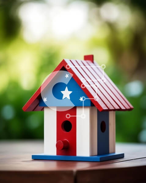 Intra Συλλεκτικό Ξύλινο Παζλ Plywood  4mm - Διακοσμητικό κόκκινο, λευκό και μπλε σπίτι πουλιών σε ξύλινο τραπέζι Σε Ξύλινο Κουτί - Διαστάσεις: 10x10 cm – 25 κομμάτια