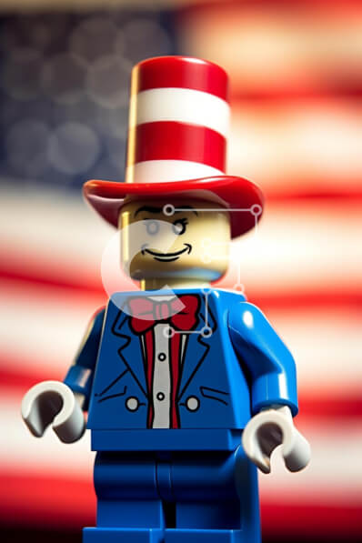 Intra Συλλεκτικό Ξύλινο Παζλ Plywood  4mm - Γάτα Lego με το καπέλο με τη σημαία της Αμερικής Σε Ξύλινο Κουτί - Διαστάσεις Puzzle: 10x10 cm – 25 κομμάτια