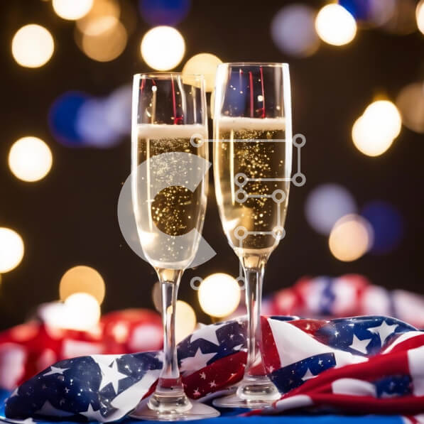 Intra Συλλεκτικό Ξύλινο Παζλ Plywood  4mm - Φλάουτα σαμπάνιας στην πατριωτική σημαία για τον εορτασμό της 4ης Ιουλίου Σε Ξύλινο Κουτί - Διαστάσεις: 10x10 cm – 25 κομμάτια