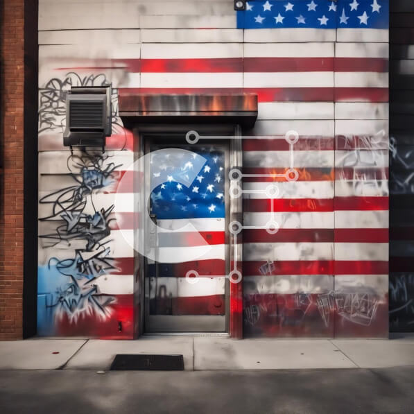 Intra Συλλεκτικό Ξύλινο Παζλ Plywood  4mm - Αστικό κτίριο με αμερικανική σημαία και γκράφιτι Σε Ξύλινο Κουτί - Διαστάσεις Puzzle: 10x10 cm – 25 κομμάτια