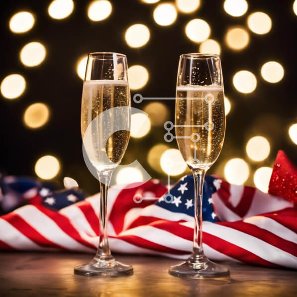 Intra Συλλεκτικό Ξύλινο Παζλ Plywood  4mm - Πατριωτικά φλάουτα σαμπάνιας με βεγγαλικά και αμερικανική σημαία Σε Ξύλινο Κουτί - Διαστάσεις: 10x10 cm – 25 κομμάτια