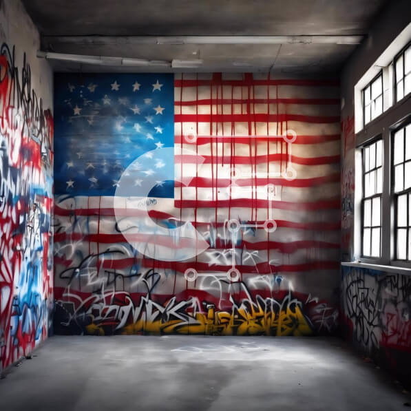 Intra Συλλεκτικό Ξύλινο Παζλ Plywood  4mm - Δωμάτιο καλυμμένο με γκράφιτι με αμερικανική σημαία Σε Ξύλινο Κουτί - Διαστάσεις Puzzle: 10x10 cm – 25 κομμάτια