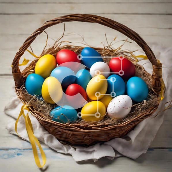 Intra Συλλεκτικό Ξύλινο Παζλ Plywood  4mm - Πολύχρωμα Πασχαλινά αυγά σε ένα καλάθι σε ξύλινο τραπέζι Σε Ξύλινο Κουτί - Διαστάσεις: 10x10 cm – 25 κομμάτια