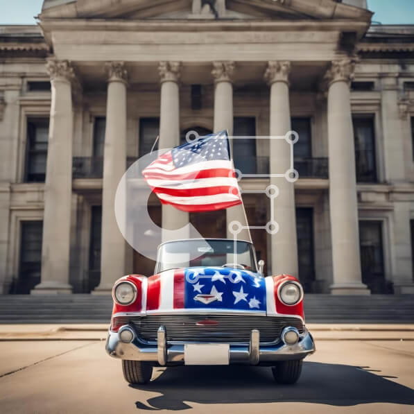 Intra Συλλεκτικό Ξύλινο Παζλ Plywood  4mm - Vintage αμερικανικό αυτοκίνητο με πατριωτικές διακοσμήσεις Σε Ξύλινο Κουτί - Διαστάσεις Puzzle: 10x10 cm – 25 κομμάτια