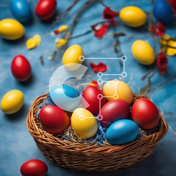 Intra Συλλεκτικό Ξύλινο Παζλ Plywood  4mm - Πολύχρωμα Πασχαλινά αυγά στο καλάθι σε αφηρημένο μπλε φόντο Σε Ξύλινο Κουτί - Διαστάσεις: 10x10 cm – 25 κομμάτια