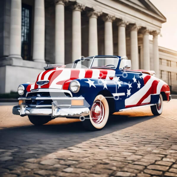 Intra Συλλεκτικό Ξύλινο Παζλ Plywood  4mm - Vintage αυτοκίνητο με πατριωτικό θέμα παρκαρισμένο μπροστά από ένα κτίριο Σε Ξύλινο Κουτί - Διαστάσεις Puzzle: 10x10 cm – 25 κομμάτια