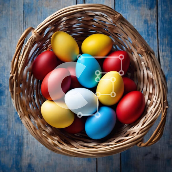 Intra Συλλεκτικό Ξύλινο Παζλ Plywood  4mm - Πολύχρωμα Πασχαλινά αυγά σε ψάθινο καλάθι σε παλιό ξύλινο τραπέζι Σε Ξύλινο Κουτί - Διαστάσεις: 10x10 cm – 25 κομμάτια