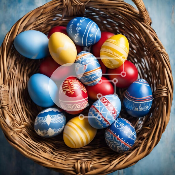 Intra Συλλεκτικό Ξύλινο Παζλ Plywood  4mm - Πολύχρωμα βαμμένα Πασχαλινά αυγά σε ψάθινο καλάθι Σε Ξύλινο Κουτί - Διαστάσεις: 10x10 cm – 25 κομμάτια