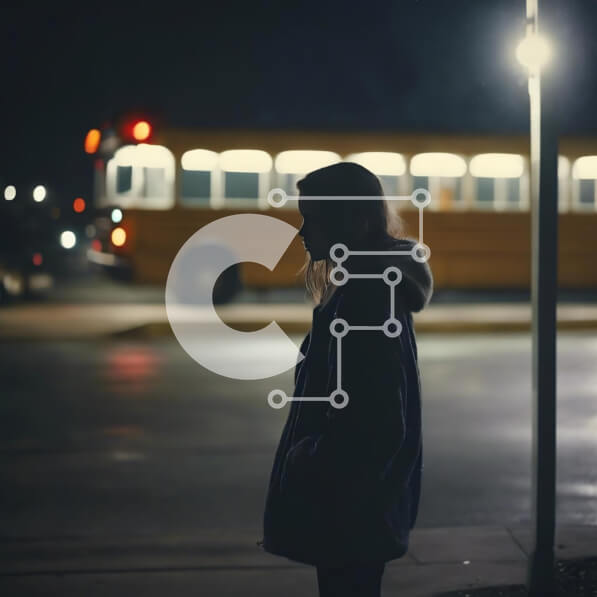 Intra Συλλεκτικό Ξύλινο Παζλ Plywood  4mm - Γυναίκα που περιμένει το σχολικό λεωφορείο τη νύχτα Σε Ξύλινο Κουτί - Διαστάσεις Puzzle: 10x10 cm – 25 κομμάτια