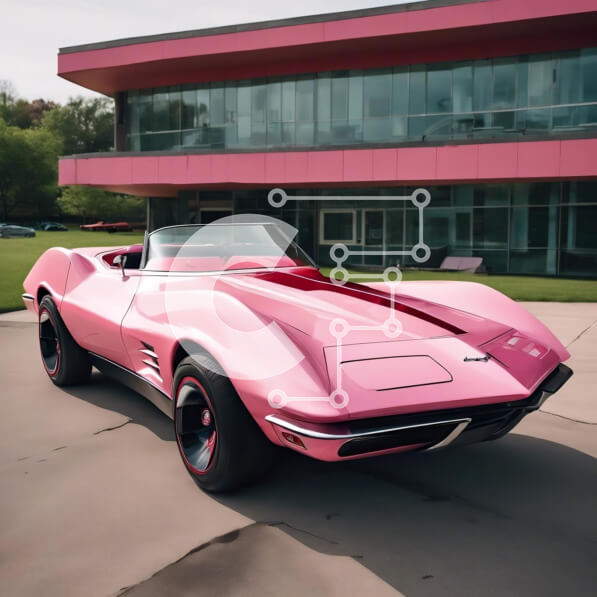 Intra Συλλεκτικό Ξύλινο Παζλ Plywood  4mm - Ροζ σπορ αυτοκίνητο παρκαρισμένο μπροστά σε ένα εντυπωσιακό κτίριο Σε Ξύλινο Κουτί - Διαστάσεις Puzzle: 10x10 cm – 25 κομμάτια