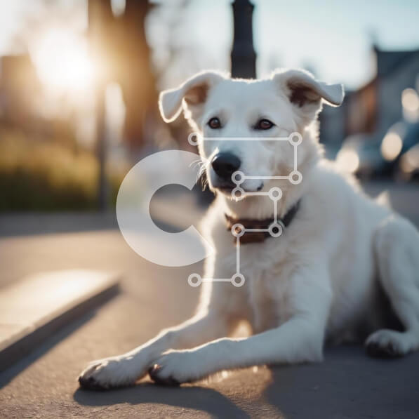 Intra Συλλεκτικό Ξύλινο Παζλ Plywood  4mm - Ήρεμος και χαλαρός λευκός σκύλος ξαπλωμένος στο πεζοδρόμιο Σε Ξύλινο Κουτί - Διαστάσεις: 10x10 cm – 25 κομμάτια