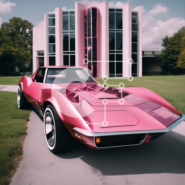 Intra Συλλεκτικό Ξύλινο Παζλ Plywood  4mm - Ροζ σπορ αυτοκίνητο σταθμευμένο μπροστά από το σύγχρονο κτήριο Σε Ξύλινο Κουτί - Διαστάσεις Puzzle: 10x10 cm – 25 κομμάτια