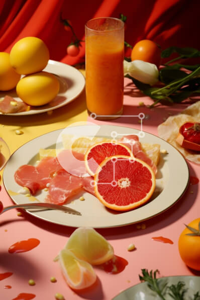 Σετ των 2 Intra Συλλεκτικό Ξύλινο Παζλ Plywood  4mm - Πολύχρωμη επίδειξη φρέσκων φρούτων και λαχανικών σε ένα ροζ τραπέζι Σε Ξύλινο Κουτί - Διαστάσεις: 10x10 cm – 25 κομμάτια