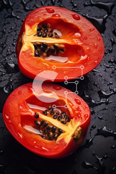 Σετ των 2 Intra Συλλεκτικό Ξύλινο Παζλ Plywood  4mm - Φρέσκες κόκκινες παπάγιας μισές σε μαύρη επιφάνεια με σταγόνες νερού Σε Ξύλινο Κουτί - Διαστάσεις: 10x10 cm – 25 κομμάτια