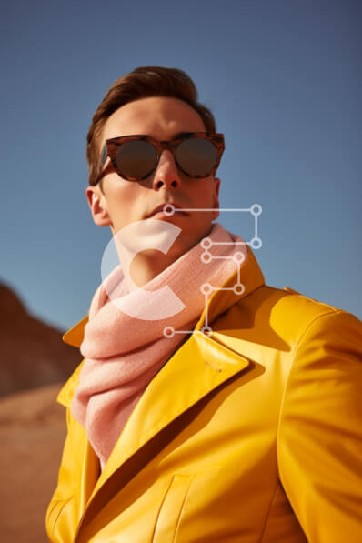 Intra Συλλεκτικό Ξύλινο Παζλ Plywood  4mm - Νεαρός άνδρας με πορτοκαλί σακάκι και ροζ κασκόλ που στέκεται στην έρημο Σε Ξύλινο Κουτί - Διαστάσεις Puzzle: 10x10 cm – 25 κομμάτια