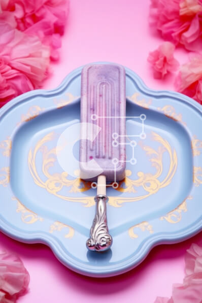 Σετ των 2 Intra Συλλεκτικό Ξύλινο Παζλ Plywood  4mm - Παγωτό ποπ σε μπλε πιάτο με ροζ λουλούδια Σε Ξύλινο Κουτί - Διαστάσεις: 10x10 cm – 25 κομμάτια